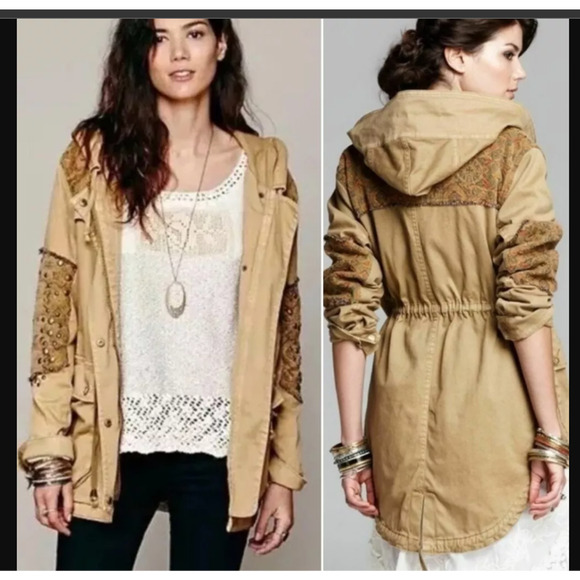 Free People Crafted Cloth Tapestry Parka Anorak Jacket Studded Utility Western - Picture 2 of 11